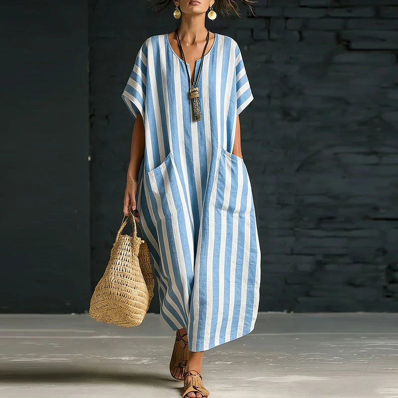 Women's Striped Boho Maxi Dress – Casual V-Neck Summer