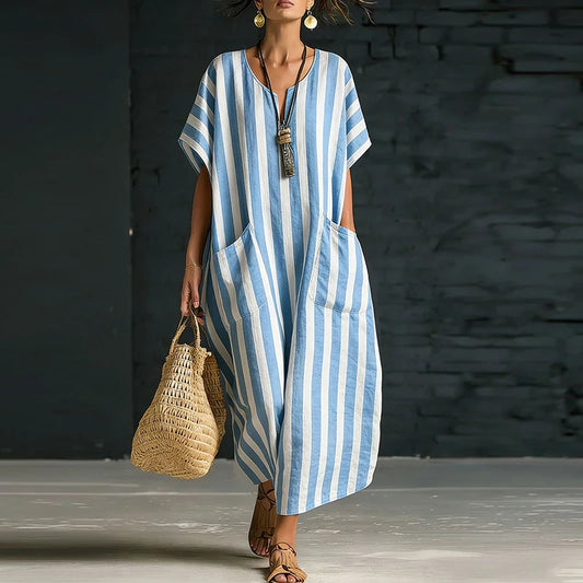 Women's Striped Boho Maxi Dress – Casual V-Neck Summer Beach Dress with Pockets - HER SHOP