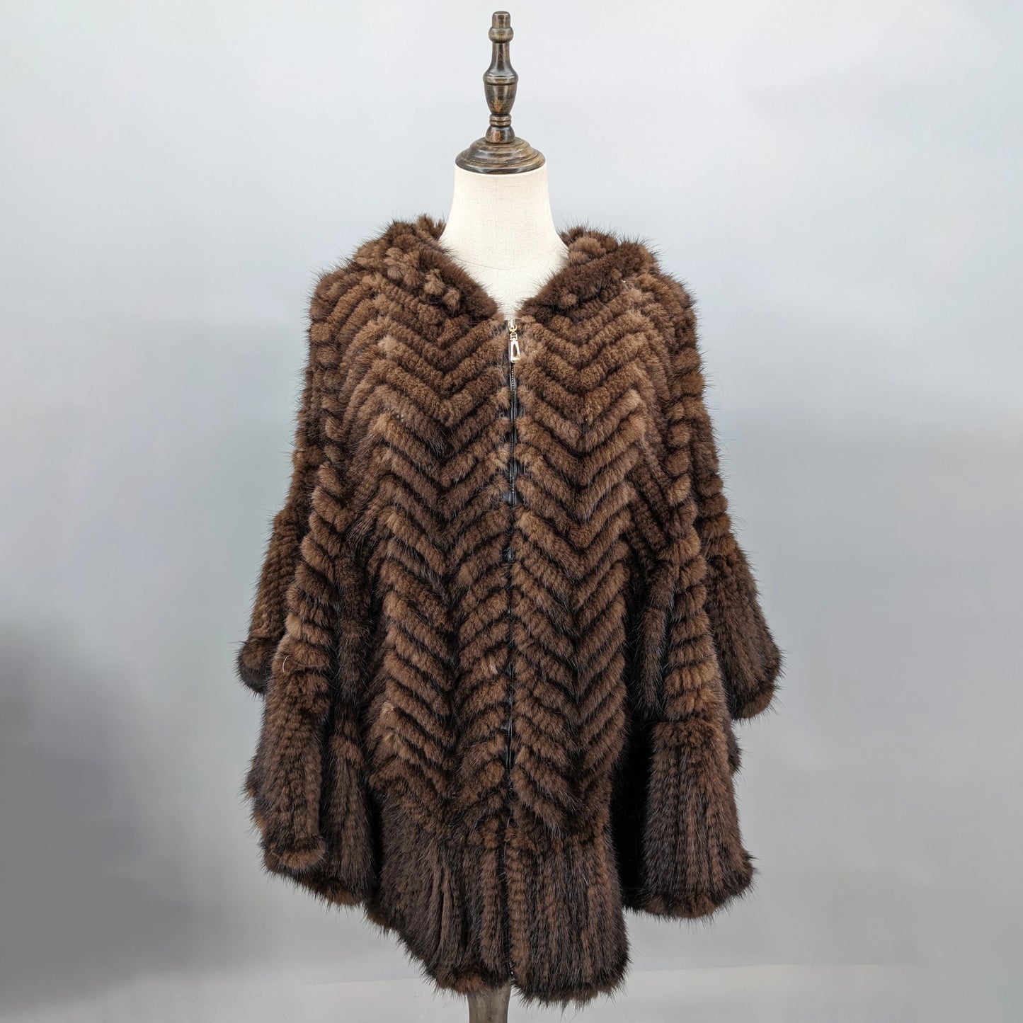 Luxury Real Knitted Mink Fur Cape with Hood – Ruffle Shawl Zipper Wrap for Women (Plus Size)