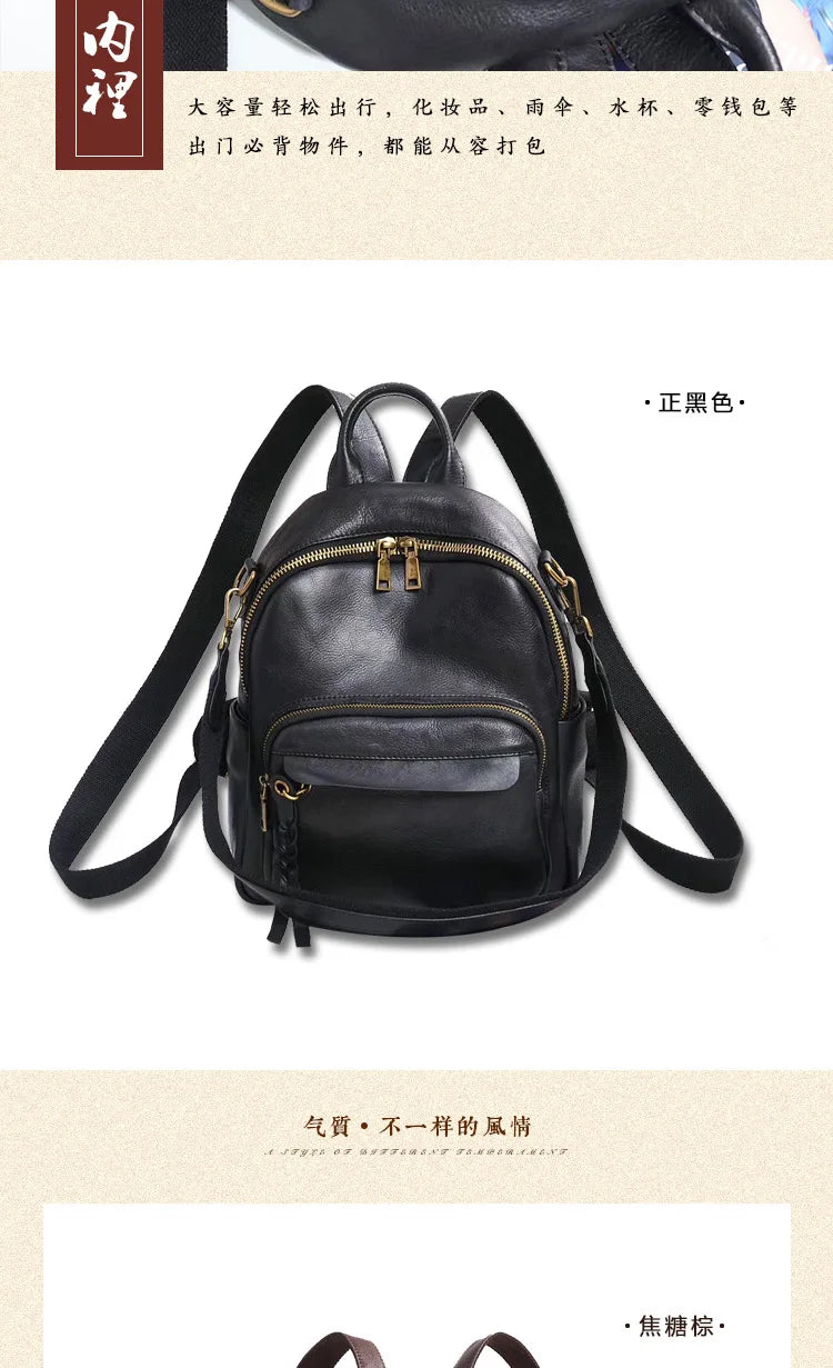 Highend Vintage A4 Coffee Yellow Brown Black Full Grain Genuine Leather Women Backpack Cowhide Girl Travel Bag