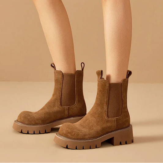 Women’s Cow Suede Platform Chelsea Ankle Boots – Round Toe with Elastic Band and Stitching Design - HER SHOP