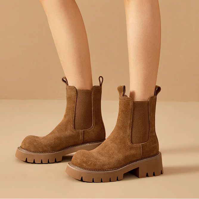 Women’s Cow Suede Platform Chelsea Ankle Boots – Round Toe with Elastic Band and Stitching Design