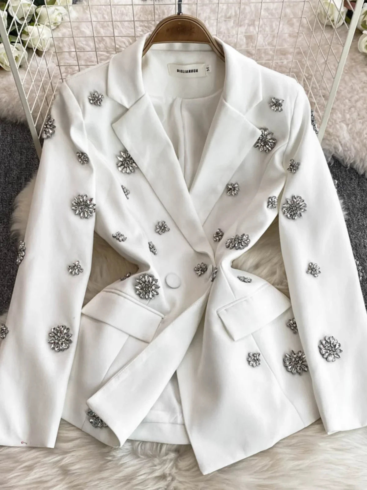 Commuter Style Two-piece Sets Women Outfits Diamond-encrusted Flower High Waist Versatile Blazer Coat+ High-waisted Trousers
