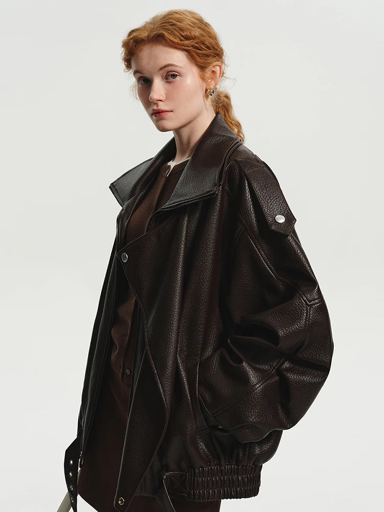 Women’s Oversized Brown PU Leather Jacket – Retro American Style, Long Sleeve Zip-Up, Luxury Designer-Inspired Outerwear for Spring & Autumn