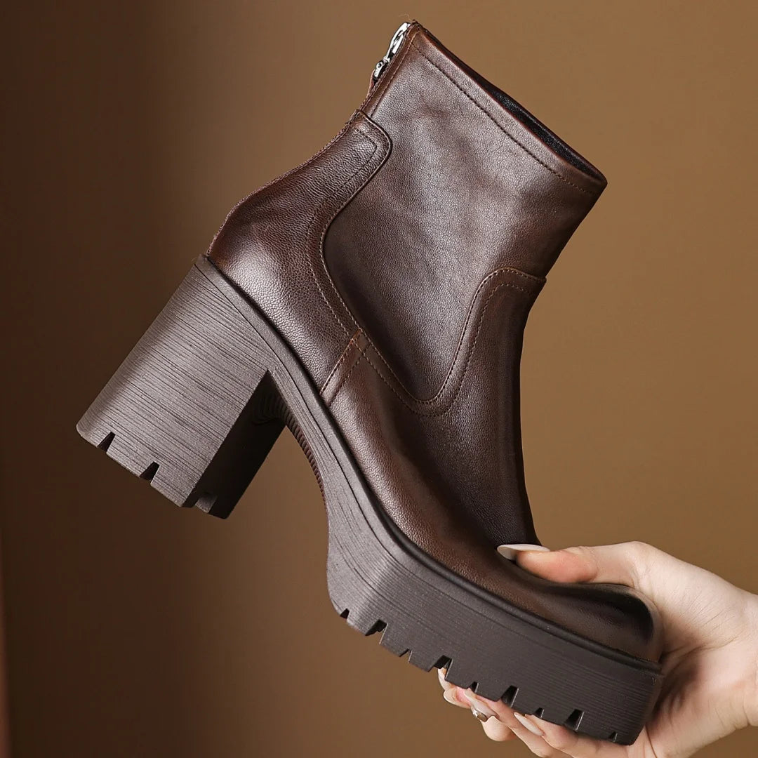 Women’s Genuine Leather Platform Ankle Boots with Chunky Heel – Round Toe Back Zip Punk Booties (8.5cm)