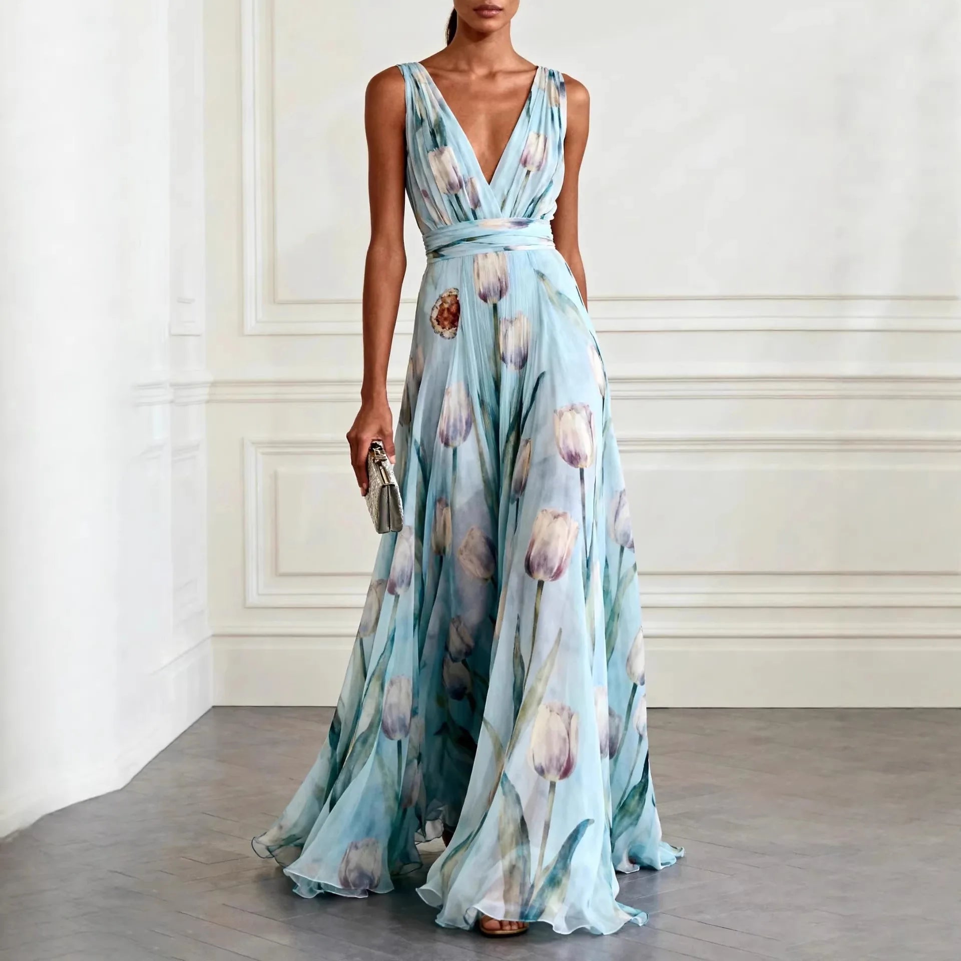 Blue Tulip Print Chiffon Maxi Dress – Sleeveless V-Neck Elegant Flowy Spring Summer Evening Gown - HER SHOP