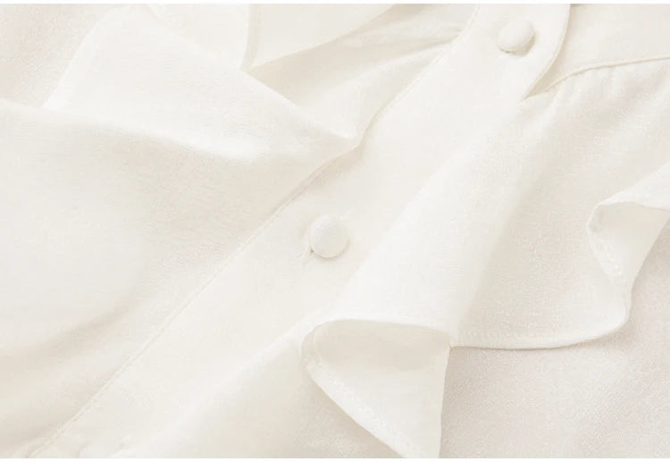 93% Mulberry Silk Ruffle V-Neck Button-Down Blouse – Women’s Long Sleeve Office Shirt