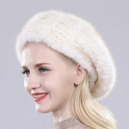 Hot Sale Winter Lady Natural Mink Fur Beanies Hat Knit Warm Striped Genuine Mink Fur Caps Women Good Elastic Real Mink Fur Hat
