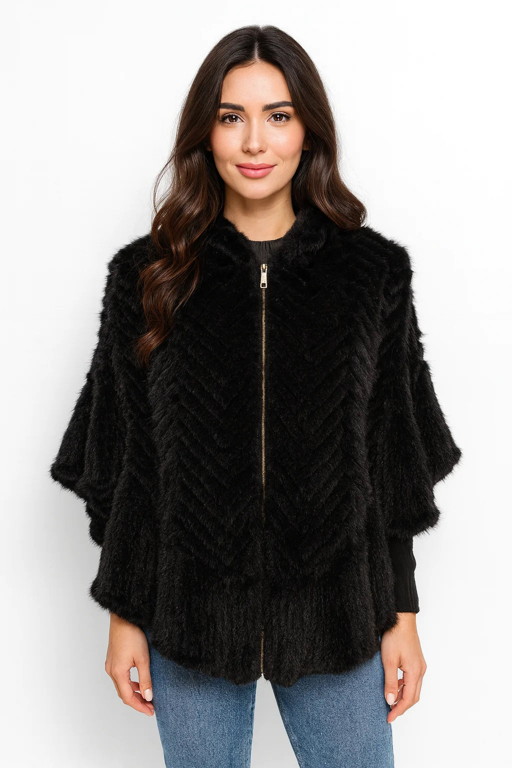 Luxury Real Knitted Mink Fur Cape with Hood – Ruffle Shawl Zipper Wrap for Women (Plus Size)