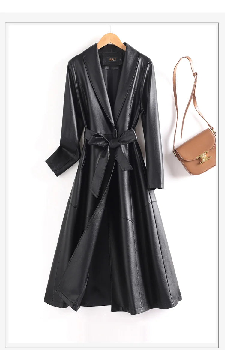 New Elegant Women’s Split Leather Trench Coat | Slim Waist Belted Long Coat with Suit Collar | Spring & Autumn Fashion Casual Outerwear