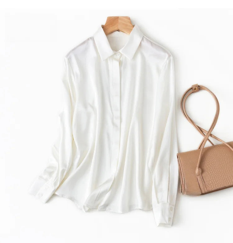 Women's 93% Mulberry Silk 7% Spandex 19 momme satin Silk Buttons down long sleeve shirt Top Blouse office work M L XL MM161