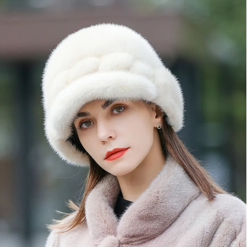 Real Mink Fur Hat for Women – Winter Thickened Whole Mink Fur Fisherman Hat with Ear Protection