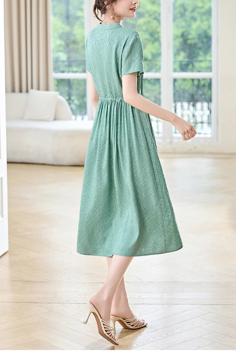 19 Momme Real Silk Elegant Fashion Dresses For Women 2026 Summer V-neck Short Sleeve Drawstring Office Lady Long Dress A-line