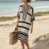 short sleeve striped midi dress for women 2026 Vintage Striped Midi Dress – Casual V-Neck Short Sleeve Summer & – HER  SHOP