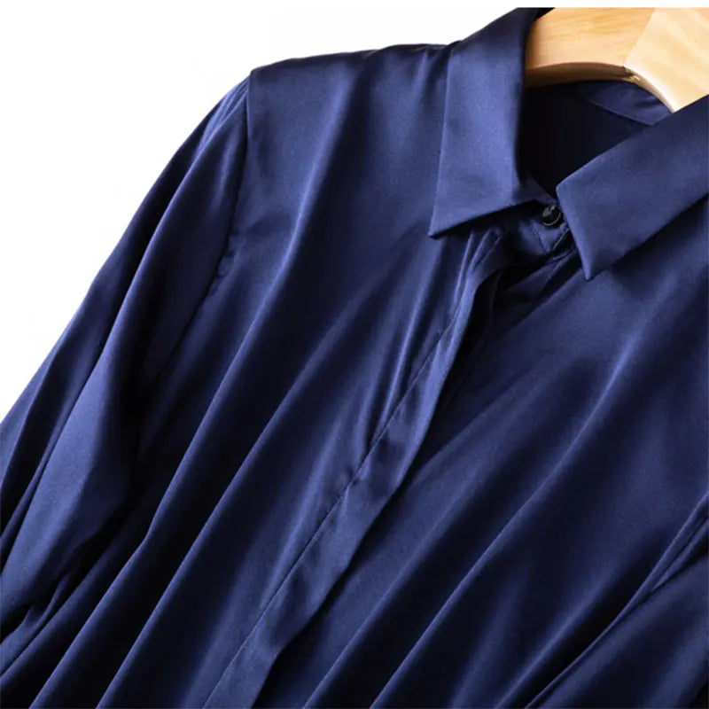 Women's 93% Mulberry Silk 7% Spandex 19 momme satin Silk Buttons down long sleeve shirt Top Blouse office work M L XL MM161