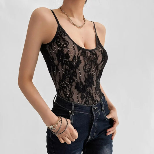 Lace bodysuit worn by a model with a plain background - HER SHOP