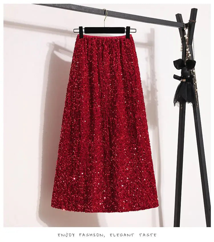 Sequin Elastic Waist A-Line Midi Skirt for Women – Casual Solid Color Summer Skirt