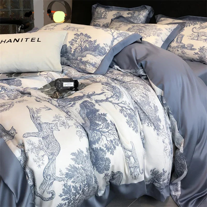 Soft Silky Skin Friendl natural Eucalyptus Fiber Lyocell Bedding Set Forest Plants Leopard Duvet Cover Set Bed Sheet Pillowcases - HER SHOP