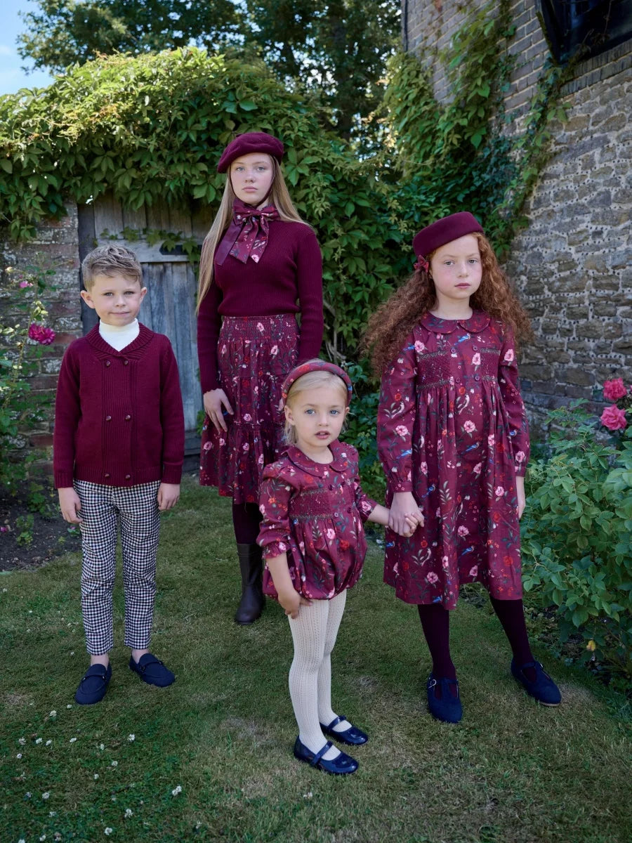 Burgundy Collection Shabbos cotton print Smocking dress check shirt soft wool knitting family match clothes boys girls - HER SHOP