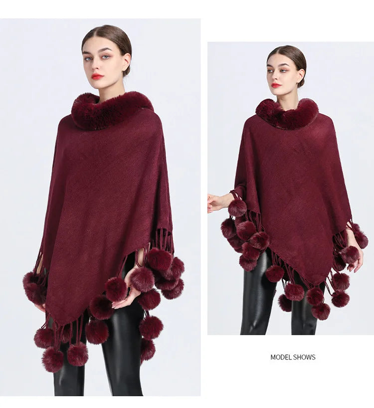 Women's Asymmetric Poncho Scarf with Fur Ball Decoration - HER SHOP