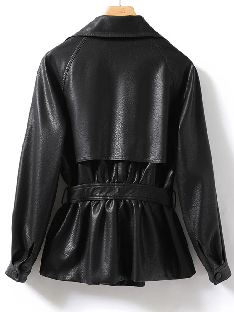 Black leather jacket with a belt on a white background