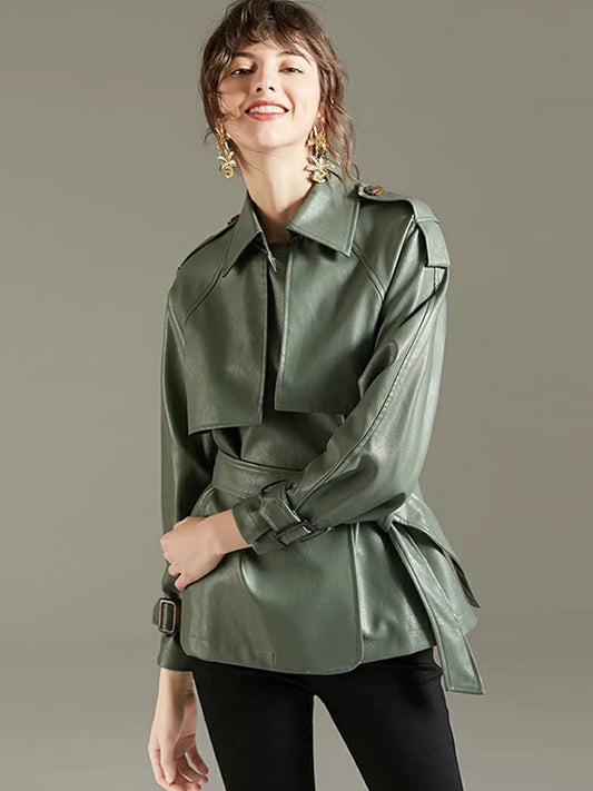 Women'sFaux Leather PU Jacket  –  Green Lapel Belted Coat, Loose Office Lady Outwear - HER SHOP