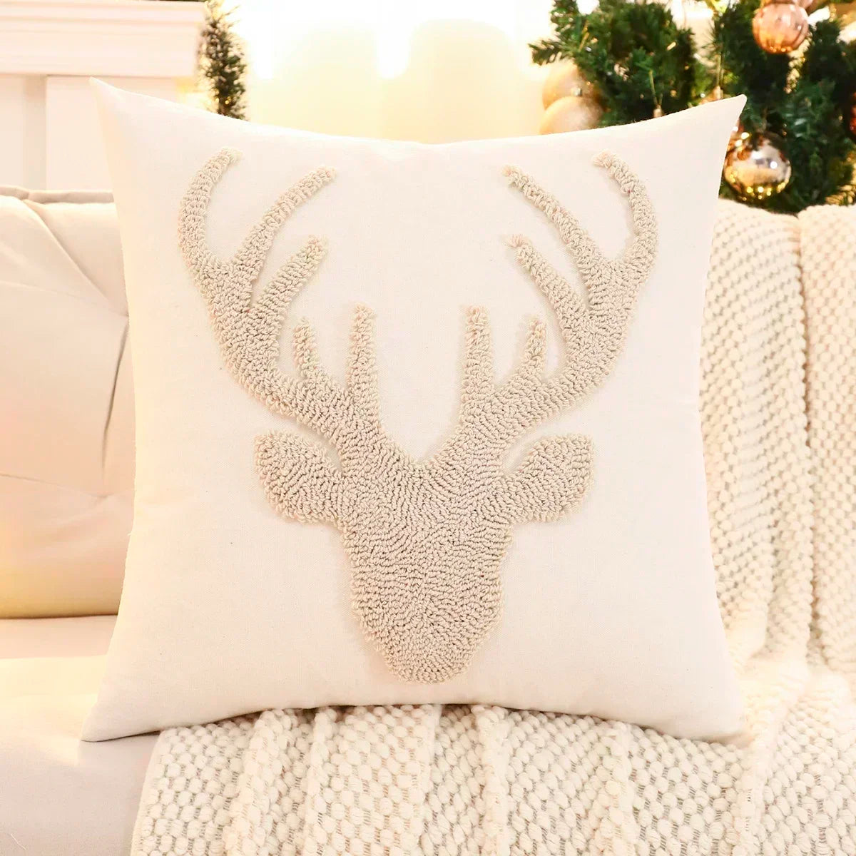 1 PC Christmas Decoration Throw Pillow Cover Embroidery Canvas Tufted Christmas Deer - HER SHOP