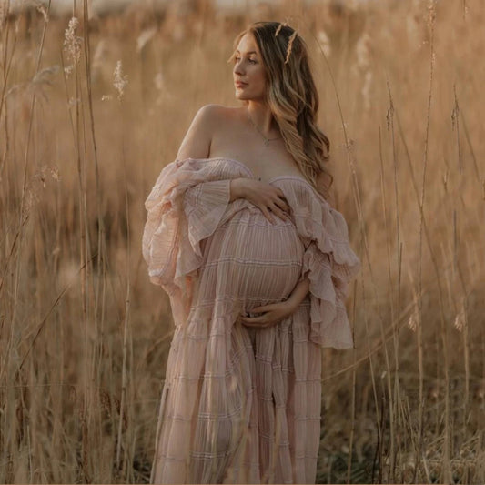 Pleated Chiffon Boho Maternity Photoshoot Dress – Maxi Baby Shower Gown for Pregnant Women | Photography Prop Dress - HER SHOP