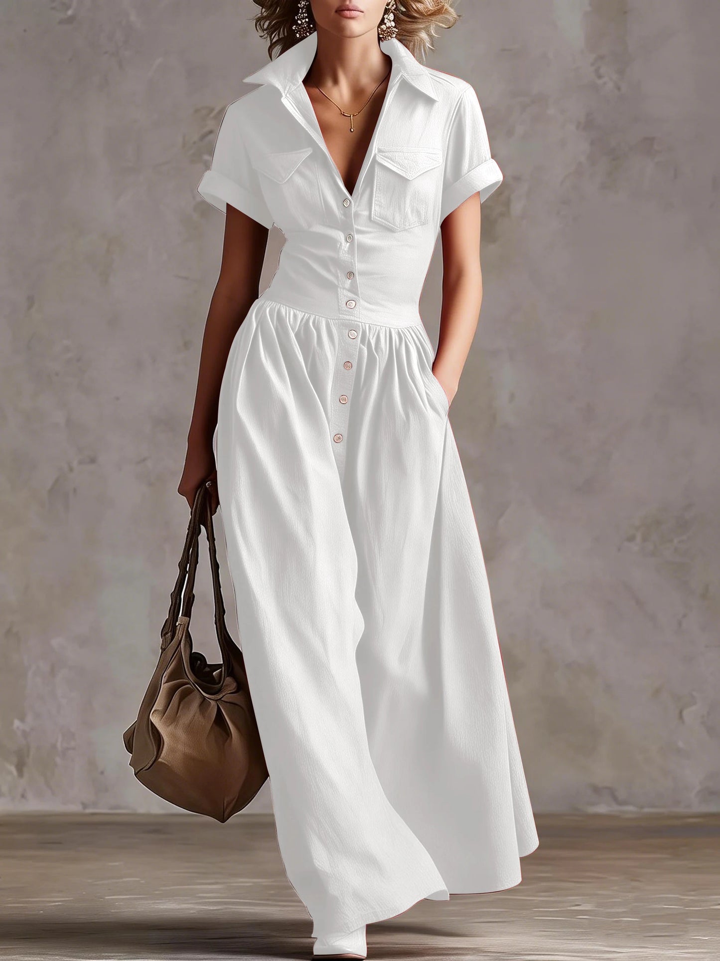 Women’s Woven Button-Down Collared Maxi Dress