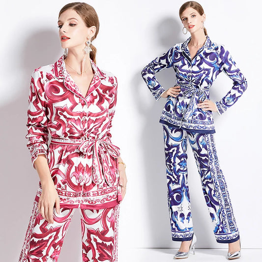 Autumn Women’s Porcelain Print Pantsuit – Red, Blue & White Notched Blouse with Belt + Wide-Leg Trousers Set - HER SHOP