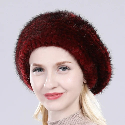 Hot Sale Winter Lady Natural Mink Fur Beanies Hat Knit Warm Striped Genuine Mink Fur Caps Women Good Elastic Real Mink Fur Hat