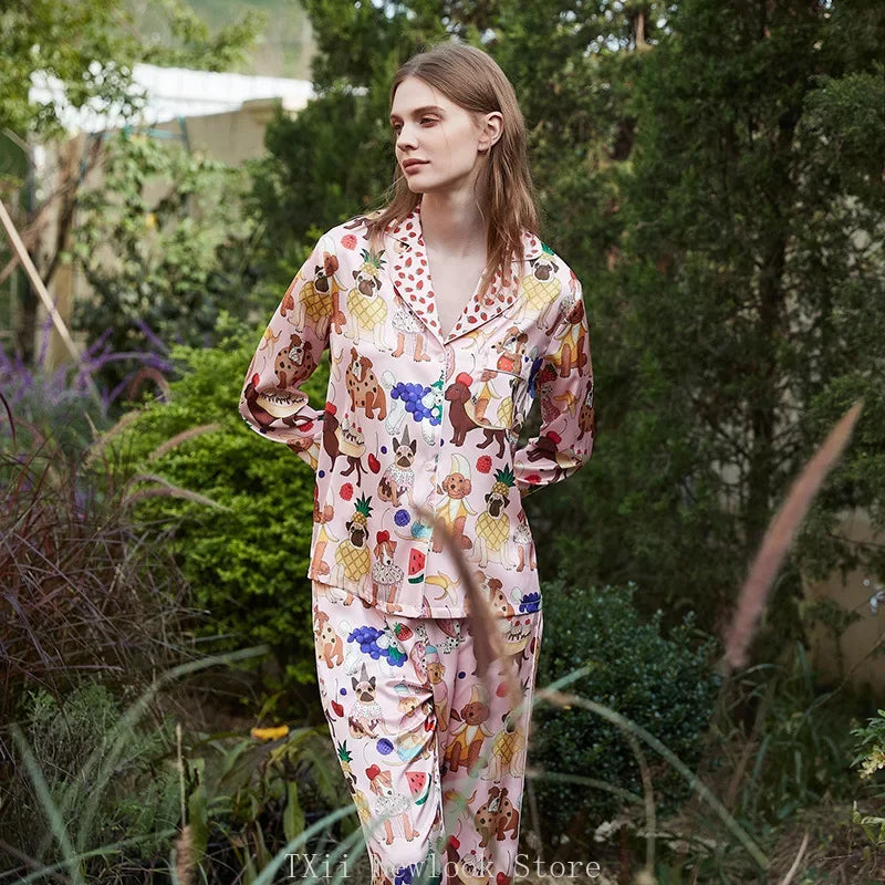 Elegant Pajama Set for Women – Long Sleeve Lapel Home Suit for Spring & Summer