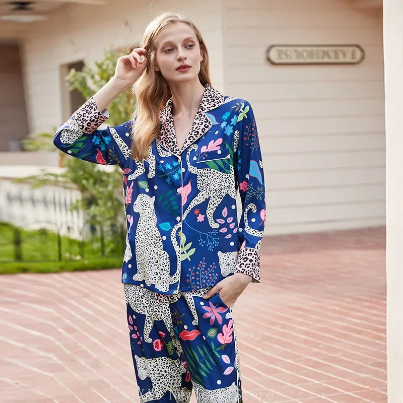 Elegant Pajama Set for Women – Long Sleeve Lapel Home Suit for Spring & Summer