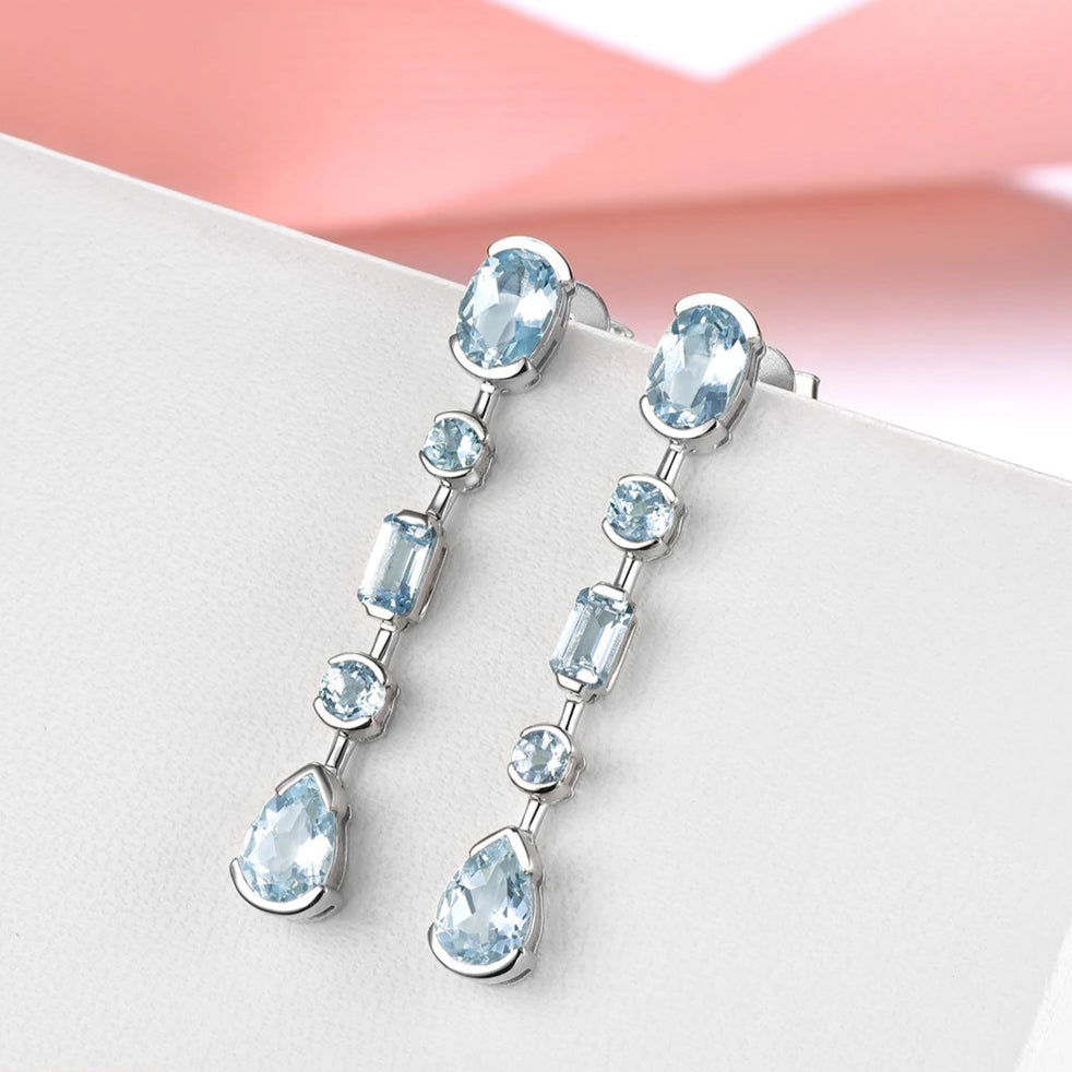 Natural Aquamarine Sterling Silver Drop Earrings 3.5 Carats Light Blue Aquamarine Gemstone Top Quality S925 Jewelry Design