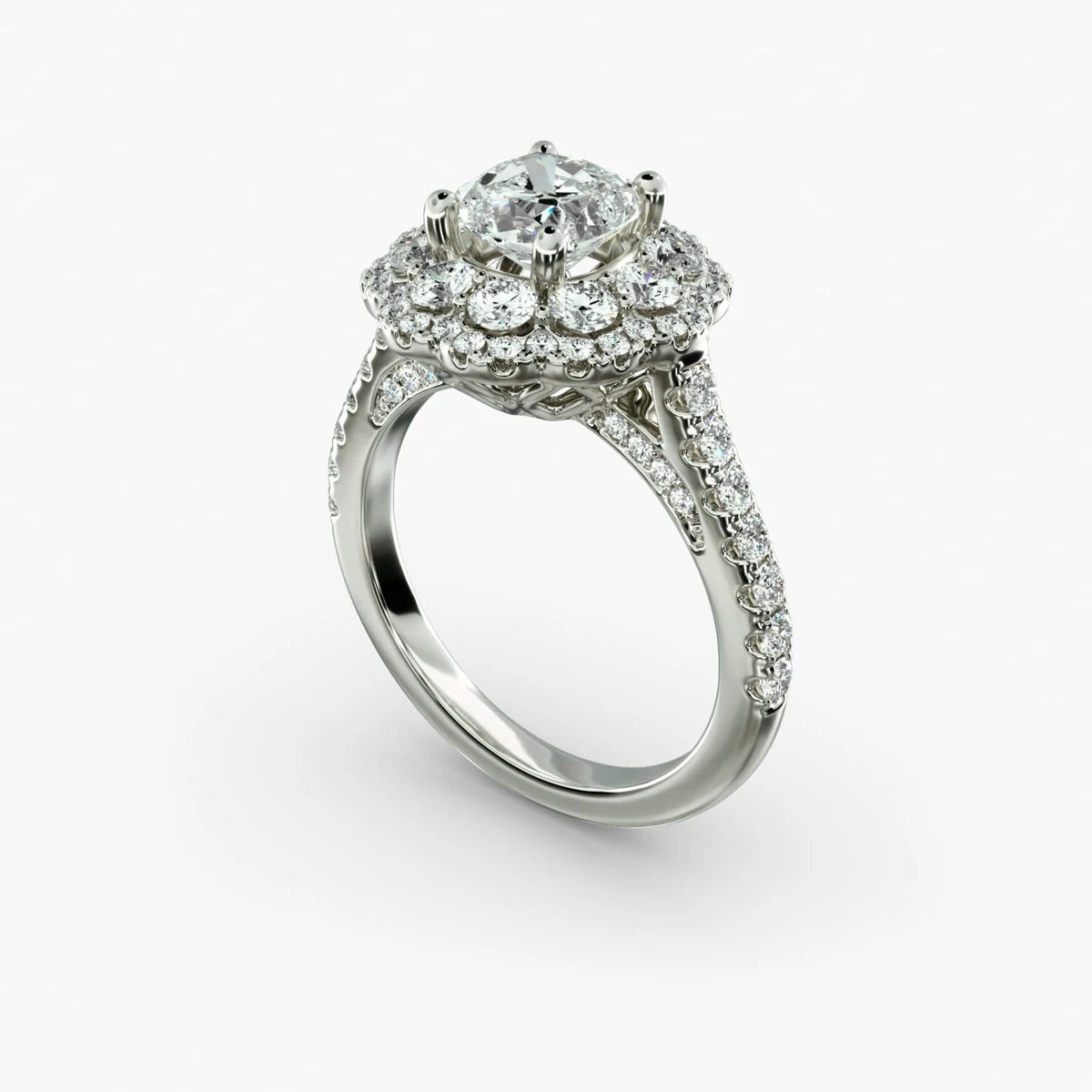 Luxury Cushion-Cut Diamond Engagement Ring | Custom K Gold Double Halo Lab-Grown Diamond with Half-Band Pavé Design