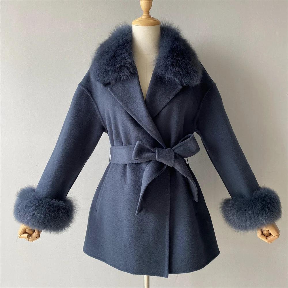 Women's Wool Coat with Real Fur - Elegant Medium-Length Cashmere Blend Coat for Autumn/Winter Fashion