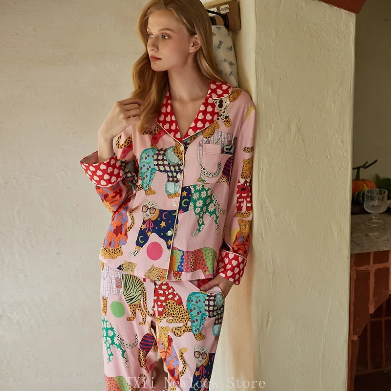 Elegant Pajama Set for Women – Long Sleeve Lapel Home Suit for Spring & Summer