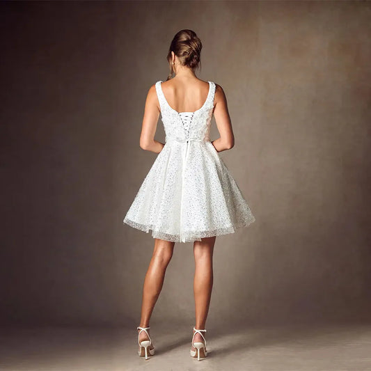 Customized Sequin Beaded Wedding Dress for Women – Sparkly Short A-Line Prom Bridal Gown with Spaghetti Straps - HER SHOP
