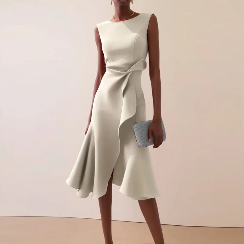 Women’s Sleeveless Ruffle A-Line Maxi Dress – Elegant O-Neck Irregular Hem Party, Evening, and Vacation Dress with Hollow-Out Detail