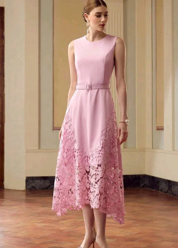 Customized Vintage Pink Lace Tea-Length Dress – Elegant O-Neck Sleeveless Satin Formal Party Dress with Belt