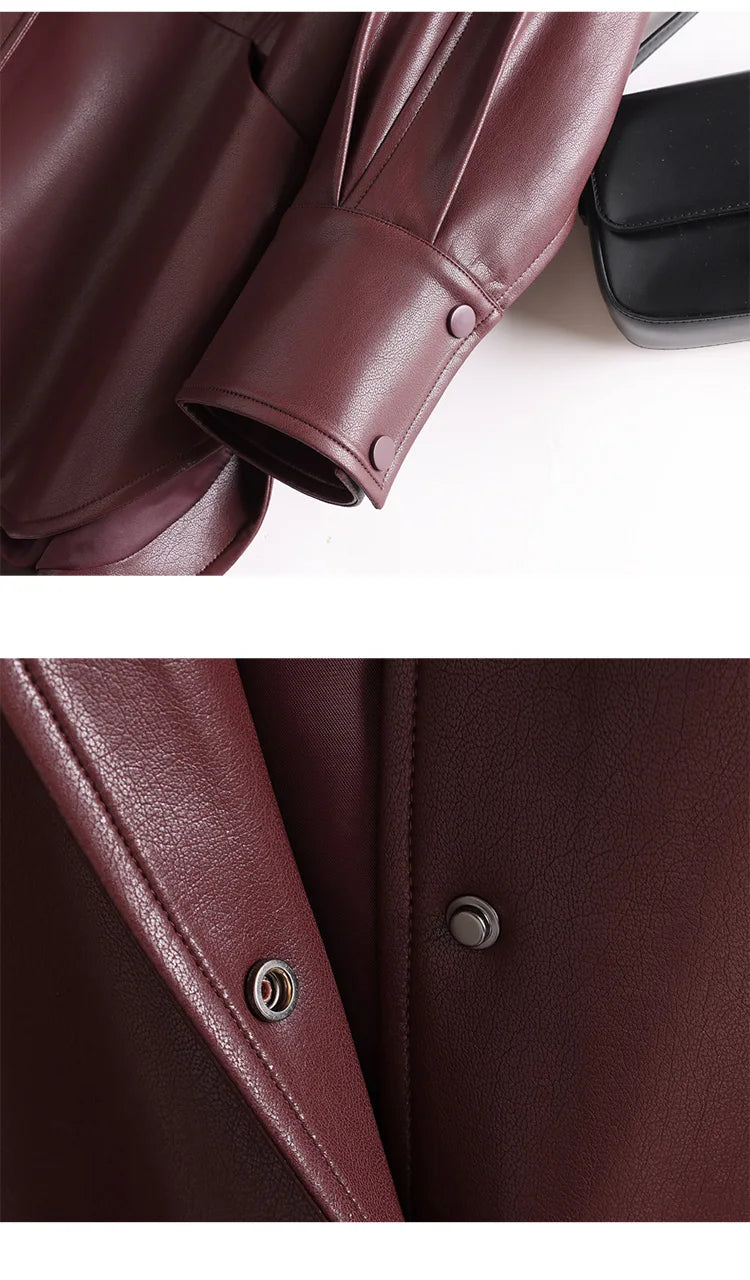 Women’s Split Leather Long Coat – Turn-Down Collar, Single-Breasted Casual Outerwear for Spring & Autumn