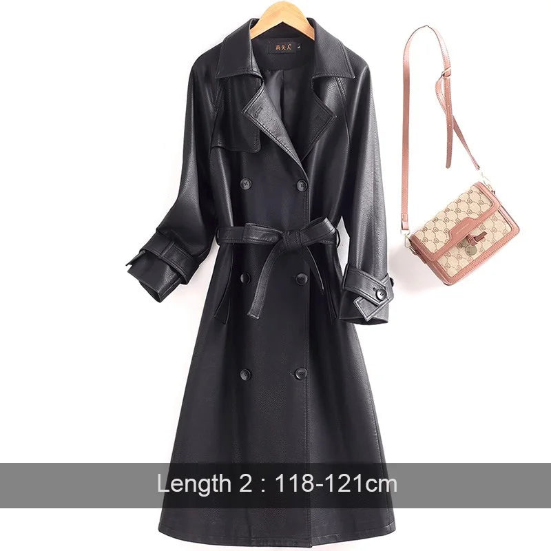 Product Title: Elegant Women'sSplit Leather Trench Coat  –  Double Breasted Slim Fit with Belt, Long Turn-Down Collar Coat for Autumn/Winter