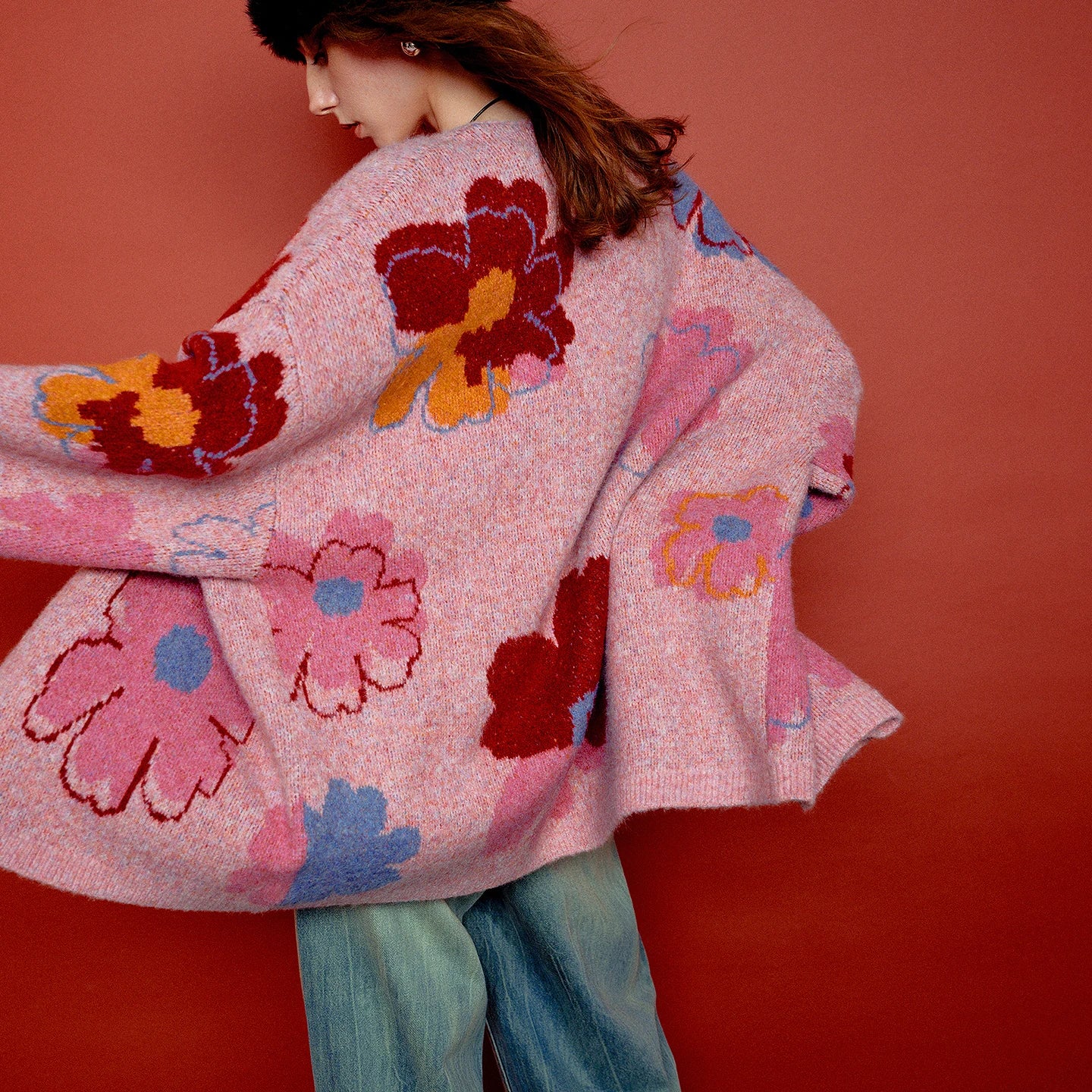 Women’s Floral Jacquard Knit Cardigan Coat – V-Neck Button Front Office-Style Jacket for Spring & Fall