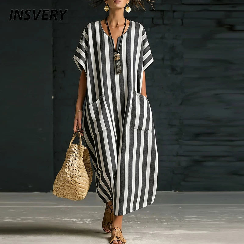 Women's Striped Boho Maxi Dress – Casual V-Neck Summer
