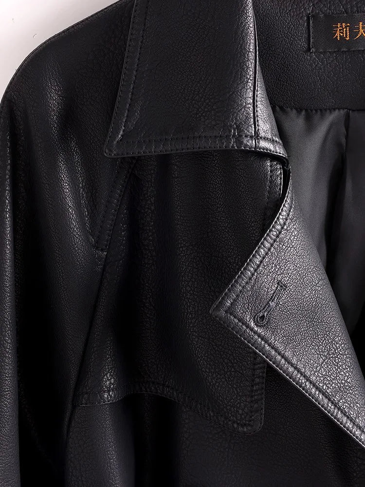 Product Title: Elegant Women'sSplit Leather Trench Coat  –  Double Breasted Slim Fit with Belt, Long Turn-Down Collar Coat for Autumn/Winter
