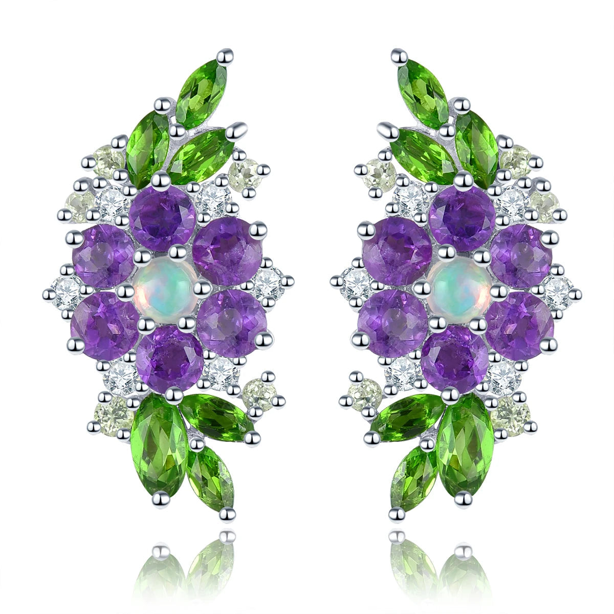 Natural Amethyst, Diopside & Opal Multicolor Sterling Silver Stud Earrings Ã¢â‚¬â€œ 2.5 Carat Gemstone Fine Jewelry for Women, Daily Wear - HER SHOP