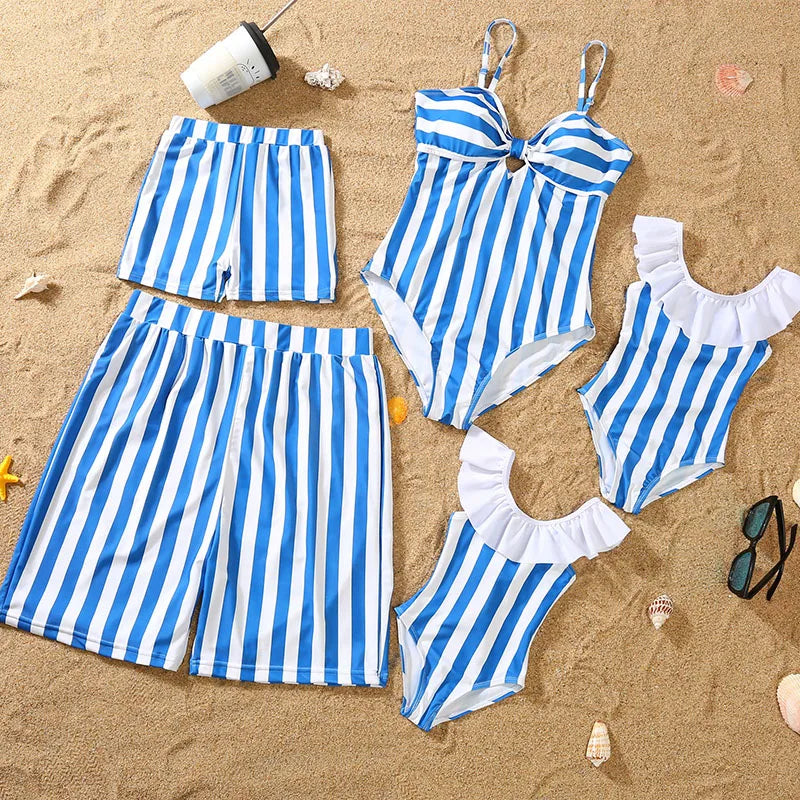 Family Swimsuit Mother Daughter Swimwear Father Son Swim Shorts 2023 Summer Striped Mom And Daughter Bikini Suit Matching Outfit - HER SHOP