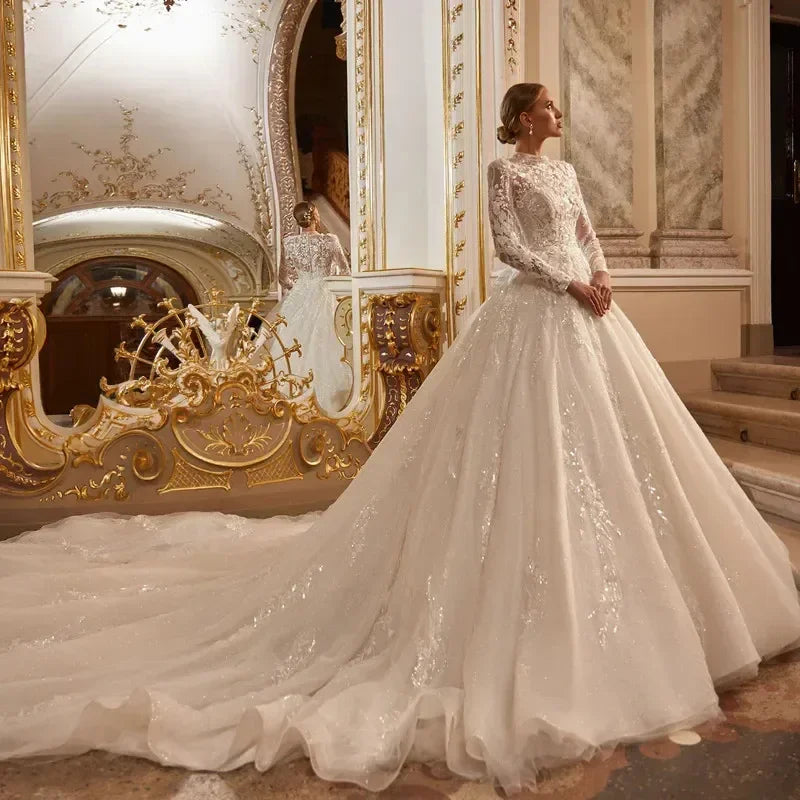 Luxury Modest Wedding Dress 2025 High Neck Full Sleeve Lace Appliqués Custom Gown - HER SHOP