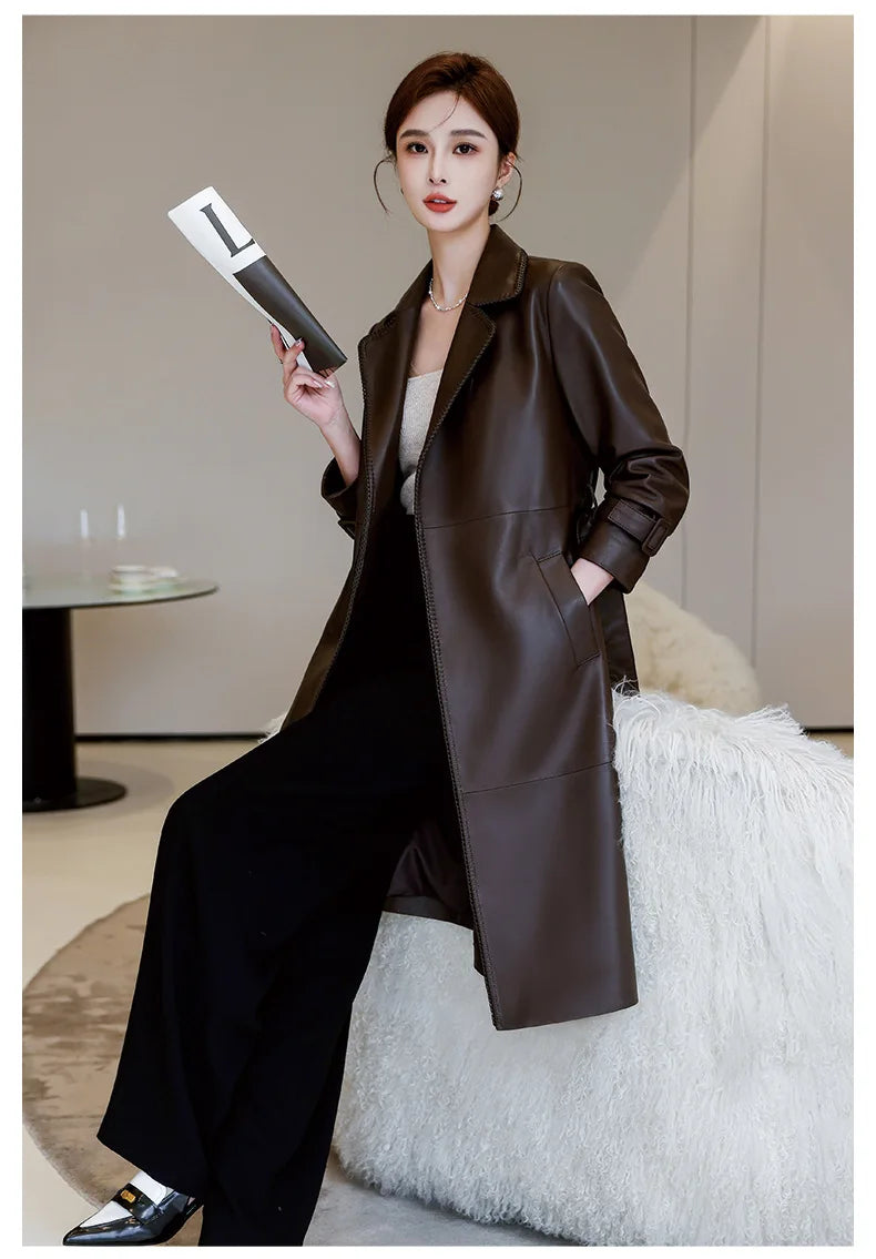 Women's Genuine Leather Trench Coat Lace-Up Long Slim Fit Spring Autumn Sheepskin Top