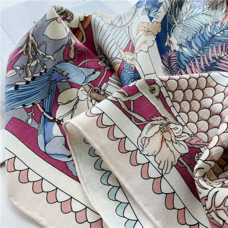 Women’s Large Square Wool & Silk Blanket Scarf – Double-Sided Printed Shawl Cape, 130×130cm